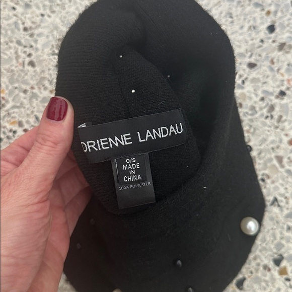 New Adrienne Landau black beret wool blend pearl faux fur puff main image 4